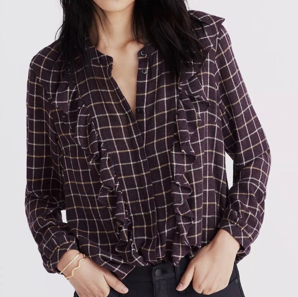 Madewell Womens S Purple Plaid Ruffle Front Top Cottagecore Boho NWT